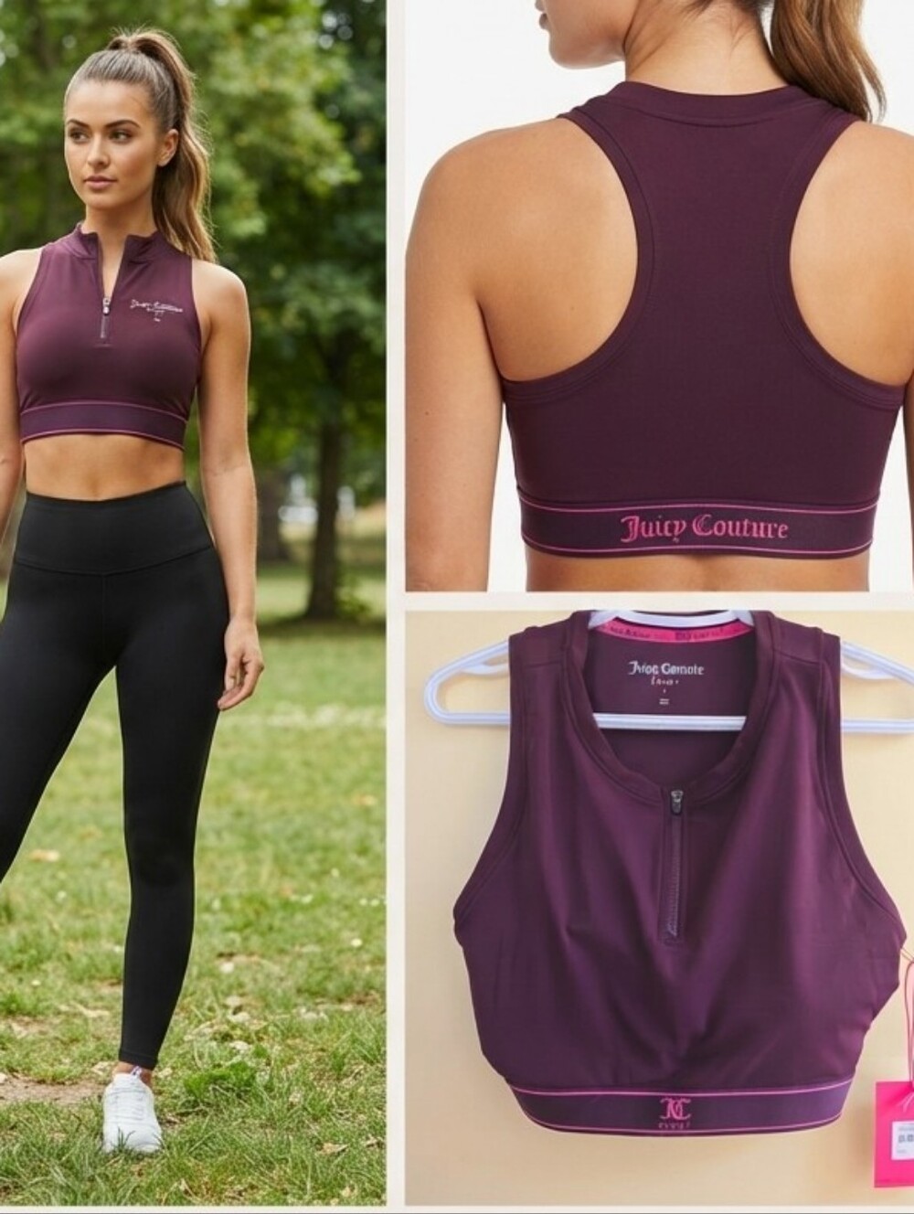 NWT Juicy Couture Sport Plum Purple Half Zip Active Crop Tank Top Size L